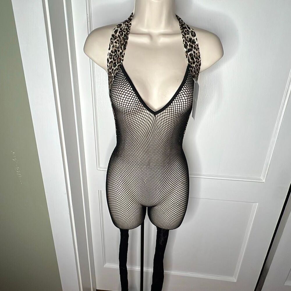 Dreamgirl Fishnet Animal Halter Thong Back Bodystocking One Size